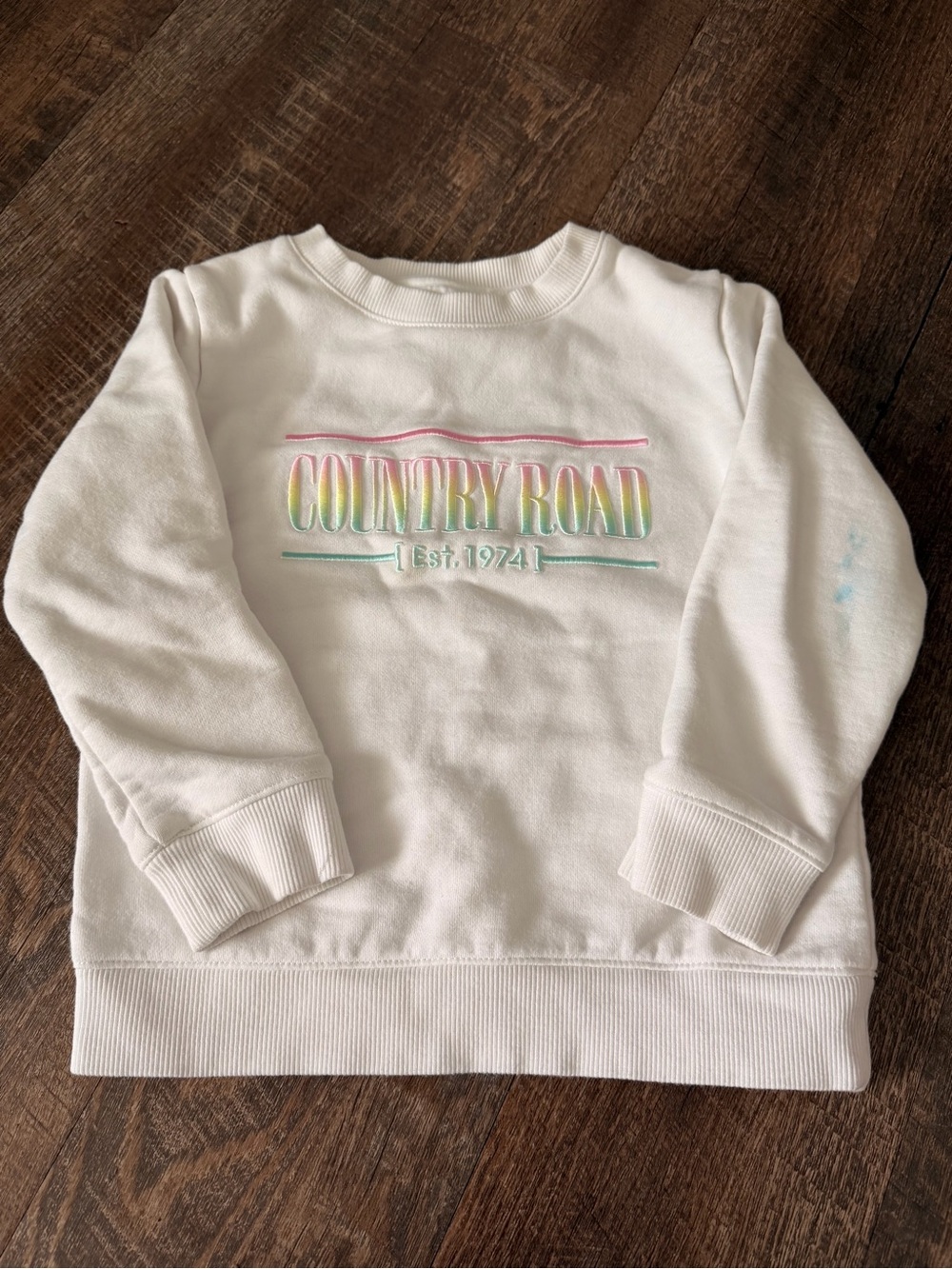 Country Road Kids Size 4 White Rainbow Logo Sweatshirt 100% Cotton -Flaw